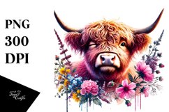 Pink Highland Cow Winking Digital Painting PNG Product Image 1