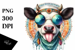 Funny Cow Sunglasses Tongue Portrait | Sublimation Clipart Product Image 1