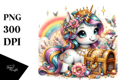 Colorful Baby Unicorn with Treasure Chest, PNG Product Image 1