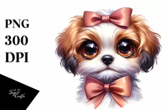 Watercolor Puppy Big Eyes With Bow | Clipart Product Image 1