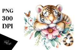 Whimsical Watercolor Baby Tiger Flower PNG Product Image 1