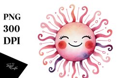 Whimsical Pinkish Smiling Sun Watercolor PNG Product Image 1