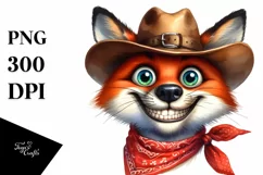 Watercolor Fox Big Eyes With Hat Bandana | Clipart Product Image 1