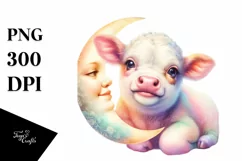 Colorful Baby Cow with Smiling Moon, PNG Product Image 1