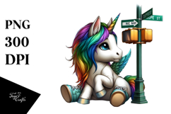 Colorful Baby Unicorn at Street Corner, PNG Product Image 1