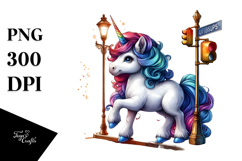 Colorful Baby Unicorn at Street Corner, PNG Product Image 1