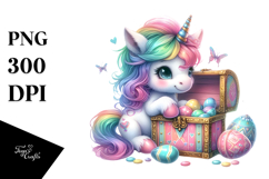 Colorful Baby Unicorn with Treasure Chest, PNG Product Image 1