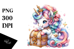Colorful Baby Unicorn with Treasure Chest, PNG Product Image 1