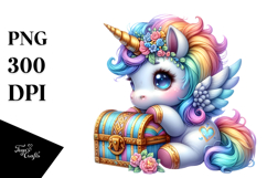 Colorful Baby Unicorn with Treasure Chest, PNG Product Image 1