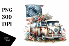 Vintage Campervan with USA Flag | Clipart Product Image 1