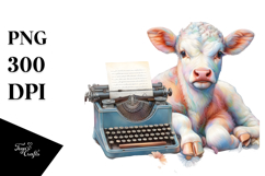 Colorful Baby Cow with Typewriter, PNG Product Image 1