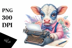 Colorful Baby Cow with Typewriter, PNG Product Image 1