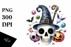 Funny Watercolor Whimsical Halloween Skull | Clipart Product Image 3