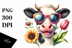Cow with Sunglasses and Flowers on White Background | Product Image 1
