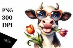 Cow with Sunglasses and Flowers on White Background | Product Image 1