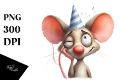 Whimsical Mouse with Party Hat, Watercolor PNG Product Image 1