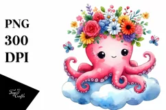 Vibrant Octopus with Flower Crown PNG Product Image 1