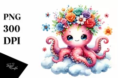 Cartoon-Style Watercolor Octopus with Vibrant Flower Crown Product Image 3