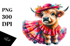 Colorful Baby Highland Cow in Salsa Dancer&#039;s Dress, PNG Product Image 1