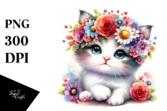 Cartoon-Style Watercolor Kitten Vibrant Flower Crown | Product Image 1