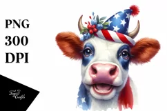 Watercolor Cow Portrait with Party Hat & Smiles | Clipart Product Image 3