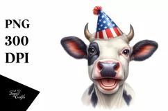 Watercolor Cow Portrait with Party Hat & Smiles | Clipart Product Image 1