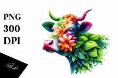 Abstract Vibrant Plant Leaves and 3D Flowers Cow PNG Product Image 3