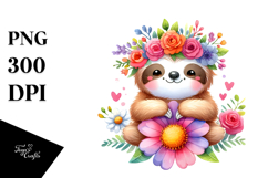 Cartoon-Style Watercolor Sloth Sitting Flower Crown | Product Image 1