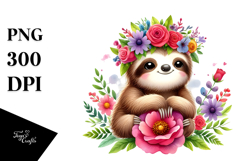 Cartoon-Style Watercolor Sloth Sitting Flower Crown | Product Image 1