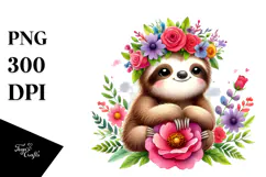Cartoon-Style Watercolor Sloth Sitting Flower Crown | Product Image 1