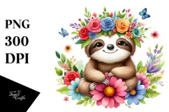 Cartoon-Style Watercolor Sloth Sitting Flower Crown | Product Image 1