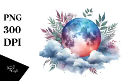Vibrant Watercolor Abstract Moon With Foliage | Sublimation Product Image 1