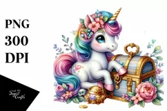 Colorful Baby Unicorn with Treasure Chest, Transparent PNG Product Image 3