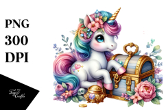 Colorful Baby Unicorn with Treasure Chest, Transparent PNG Product Image 1