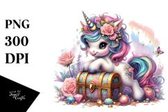 Colorful Baby Unicorn with Treasure Chest, Transparent PNG Product Image 1
