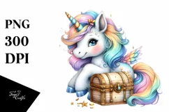 Colorful Baby Unicorn with Treasure Chest, Transparent PNG Product Image 1