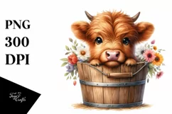 Baby Highland Cow with Flowers PNG Product Image 1