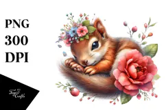Adorned Baby Squirrel Sleeping on Flower PNG Product Image 1