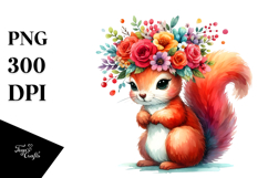Cartoon-Style Watercolor Squirrel Sitting Flower Crown | Product Image 1