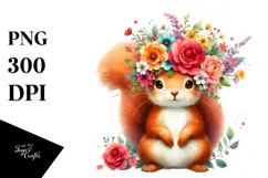 Cartoon-Style Watercolor Squirrel Sitting Flower Crown | Product Image 1