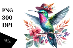 Watercolor Vibrant Hummingbird | With Hat Clipart Product Image 1