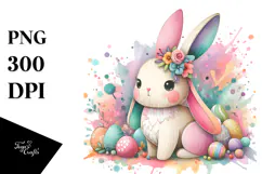 Colorful Pastel Bunny on Wood, PNG Product Image 1