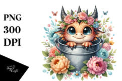 Cute Baby Dragon with Sunflowers, PNG Product Image 1