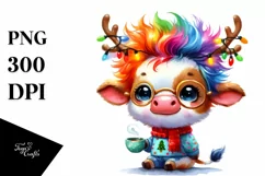Vibrant Cow with Reindeer Horns, PNG Product Image 3