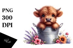 Baby Highland Cow with Flowers PNG Product Image 1