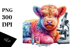 Colorful Baby Highland Cow with Microscope, Transparent PNG Product Image 1