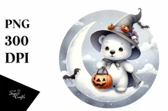 Cute Baby Polar Bear on Moon Halloween PNG Product Image 1