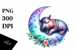 Baby Hippo Sleeping on the Moon | Sublimation | Clipart Product Image 1