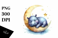 Baby Hippo Sleeping on the Moon | Sublimation | Clipart Product Image 1