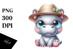 Cute Baby Hippo with Hat and Sunglasses PNG Product Image 1